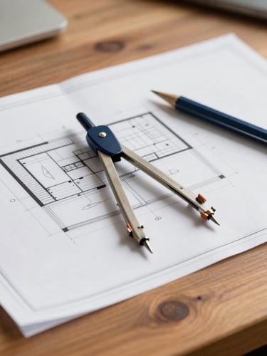 Close-up of architectural blueprints on a wooden table with a compass and mechanical pencil, warm natural office light, professional 35mm photography