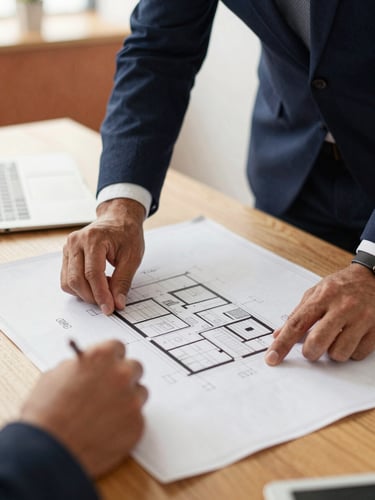 Close-up of hands reviewing architectural blueprints on a wooden table in a brightly lit San Isidro office, warm corporate editorial photography, 35mm