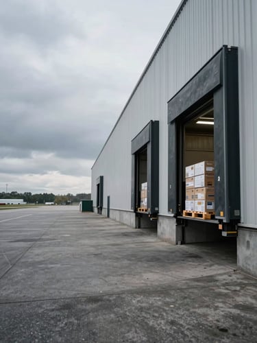 Panoramic overcast exterior — wide shot of a logistics hub loading dock, pallets of boxed goods visible through large bay doors to the right third, expansive gray tarmac apron, low horizon, no people