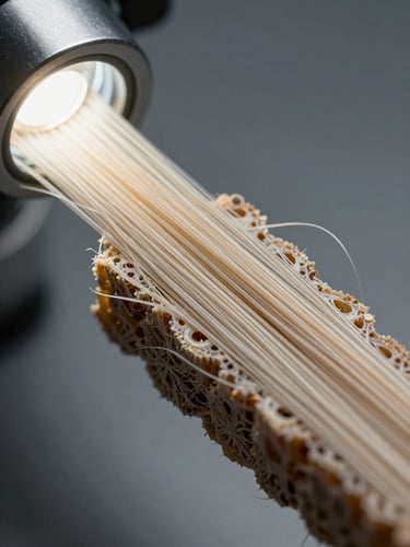 Extreme macro close-up of aramid fiber cross-section under laboratory magnification, individual fiber bundles visible with sharp studio strobe lighting, cool gray background, no warmth, technical documentation framing