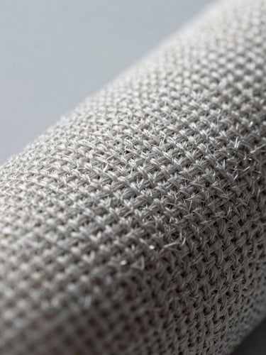 Extreme macro close-up of high-performance aramid woven fabric, controlled studio strobe lighting raking across the fiber surface to reveal individual yarn crimp and weave interlacing, cool neutral background, no warmth, technical documentation framing