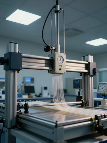 Wide overhead documentation shot of a tensile testing rig holding an aramid yarn specimen, calibrated load cell visible, cool laboratory fluorescent lighting casting even shadows across the steel frame, measurement instruments in focus