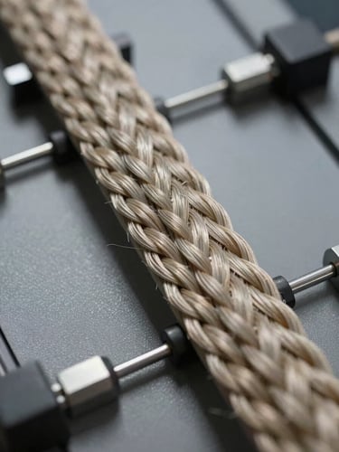 Close-up overhead shot of braided aramid strength member on a tensile test rig, studio strobe lighting revealing fiber twist geometry and surface texture, steel test clamps visible at frame edges, cool gray surface, no people