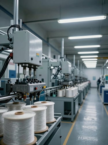 Wide panoramic view of aramid manufacturing equipment from the far left edge, overhead inspection station with tensioning apparatus and fiber spools in the foreground left, receding production line in cool gray industrial space, controlled fluorescent overhead lighting, no personnel