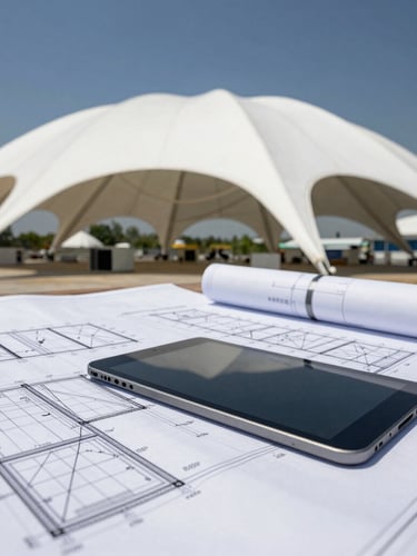 Engineer reviewing detailed structural blueprints on a tablet, with a large tensile membrane structure in the background, bright natural daylight, sharp macro shot of the blueprint details, crisp structural connections.