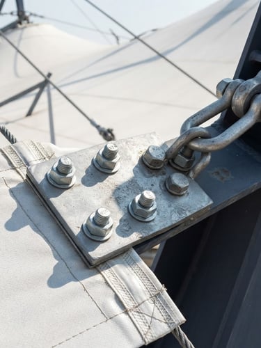 Close-up of a tensioning plate connecting a PVDF membrane to a steel structure, sharp focus on the bolts and material texture, bright natural daylight, crisp shadows, architectural photography style.