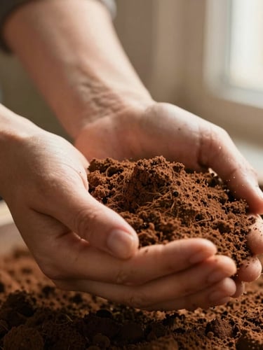 Close-up of hands gently holding rich terracotta soil, soft golden light filtering from the side, focus on texture