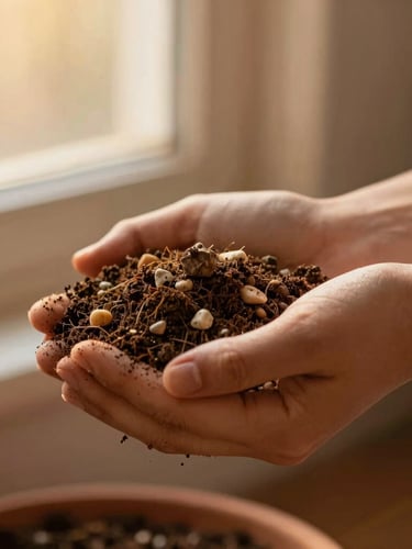 Close-up of hands holding rich soil mixed with small pebbles, soft warm golden-hour light streaming through a window, earthy terracotta tones, shallow depth of field
