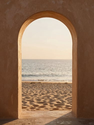 An elegant archway opening to a calm shoreline at golden hour, soft terracotta shadows, warm sand textures, quiet editorial photography style