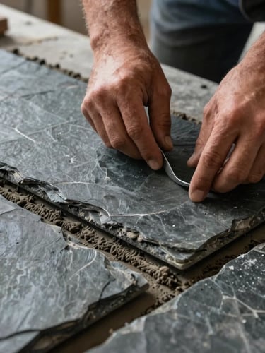 Architectural close-up of a master tiler's hands placing a large-format slate tile on a perfectly leveled mortar bed, dramatic side lighting highlighting the texture of the stone and the thin, precise joint line, premium dark atmosphere.