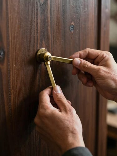 Vertical portrait of a craftsman's hands holding a brass measuring tool against a dark wood panel, soft dramatic side lighting.