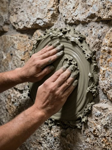 Hands of an artisan carefully applying mortar to a stone wall, dramatic side lighting emphasizing the texture of the stone and cement, architectural tight crop