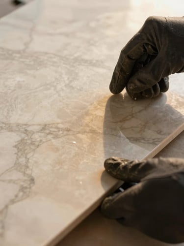 Close-up of hands in dark work gloves carefully aligning a premium marble tile, dramatic golden side lighting, highly textured surface.