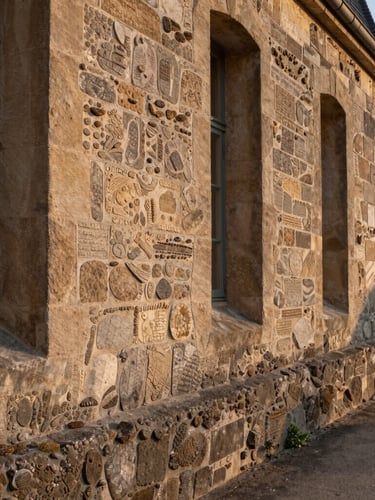 Vue rasante et architecturale d'une terrasse en pierre naturelle de Bourgogne parfaitement ajustée, bordée d'un buis taillé au cordeau, lumière dorée de fin de journée soulignant la texture de la pierre, cadrage serré.