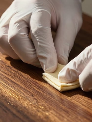 Macro shot of hands in white gloves polishing a rich dark walnut wood surface, golden sunlight catching the grain and highlighting the dust-free, pristine finish.