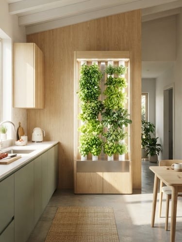 Wide environmental shot of a sun-drenched modern kitchen, sleek vertical hydroponic garden growing lush greens on a light oak wall, soft natural daylight, 35mm lens