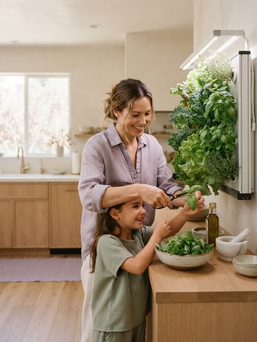 Warm editorial photography of a sun-drenched modern kitchen, a mother and daughter harvesting fresh greens from a sleek wall-mounted hydroponic garden, soft natural daylight, 35mm lens.
