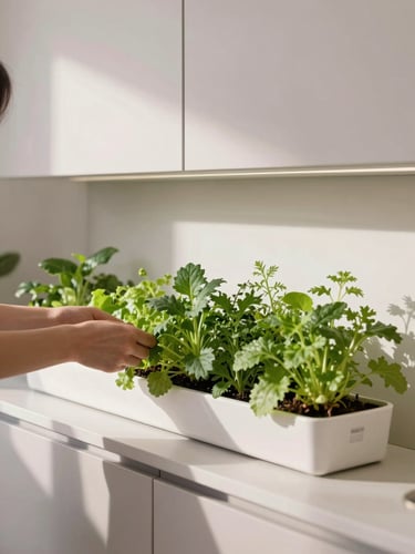 Warm editorial photograph of a sleek hydroponic indoor garden integrated into a modern kitchen wall, soft natural daylight, a person gently tending to fresh herbs, 35mm lens.