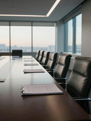 Wide panoramic view of a large corporate boardroom from the left side, polished conference table extending toward the far window, afternoon daylight streaming through floor-to-ceiling glass, empty leather chairs, a single open binder of documents visible on the table surface, cool ambient light, no people