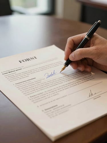 Close-up of a printed term sheet on a boardroom table, a hand holding a fountain pen resting near a signature line, natural daylight from an off-frame window, charcoal and cream tones, no faces visible