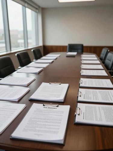 Wide shot of a boardroom table from one end, legal term sheets and due diligence binders spread across the surface, natural daylight entering through tall office windows to the left, no people, architectural framing emphasizing the documents and empty chairs