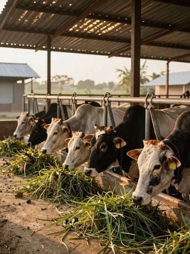 Warm documentary photography of a clean cow shelter in rural Uttar Pradesh, golden hour sunlight reflecting off the metal roof, healthy cows eating fresh green fodder, 35mm lens.