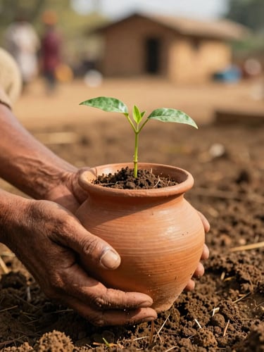 Close-up of hands holding a traditional clay pot with a small green sapling, warm sunlight, rich soil, local Indian village setting, authentic documentary style.