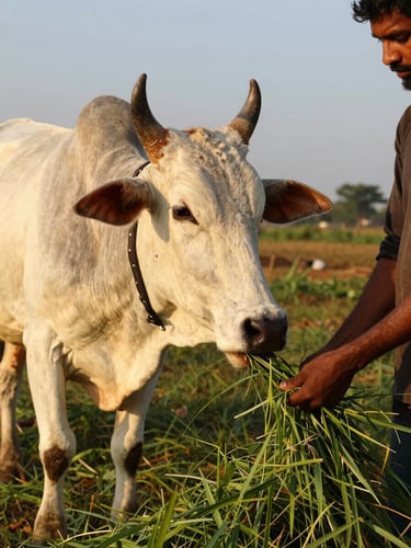 A warm portrait of a healthy Indian cow being gently fed green grass by a local volunteer, golden hour sunlight, 35mm lens