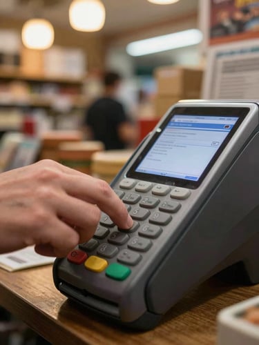 Close-up of hands pressing keys on a POS terminal in a busy market shop, warm overhead store lighting, software transaction screen visible in background, documentary style, no studio