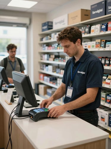 Wide environmental shot of a Servdigital technician at a store counter installing a POS terminal, store shelves in background fully stocked, natural daylight from the left, store owner watching nearby, documentary framing