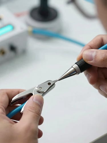 Close-up of a professional technician splicing fiber optic cables with high-precision tools under bright daylight, subtle cyan ambient glow, shallow depth of field, sharp details