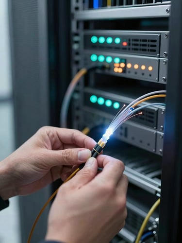 Close-up of a technician's hands carefully splicing a glowing fiber optic cable inside a modern server room, vibrant cyan and orange indicator lights in the background, shallow depth of field.
