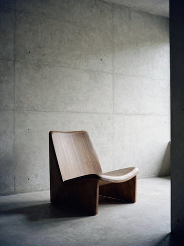 Low-angle architectural shot of a minimalist concrete room, a sculptural walnut lounge chair positioned in diffused side daylight, casting dramatic soft shadows.