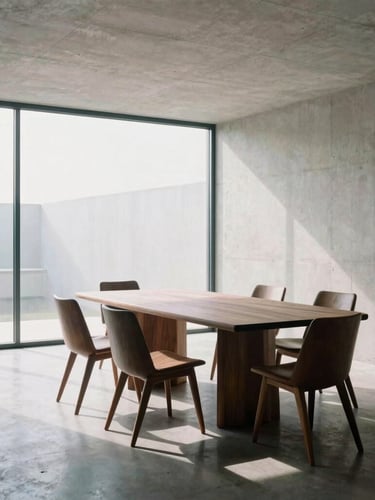 Wide environmental shot of a modern concrete interior with a large window, a sculptural walnut dining table and chairs casting long shadows on the polished floor.