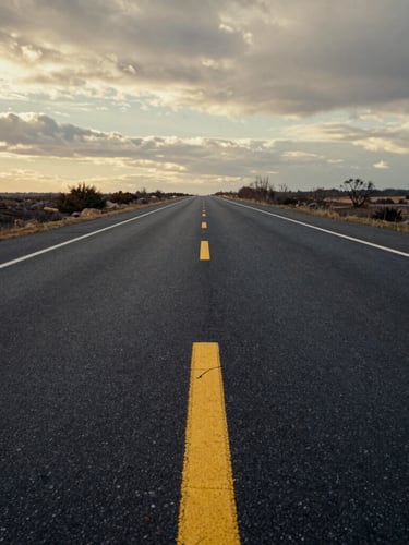 Cinematic perspective shot of an empty asphalt highway stretching into the horizon at golden hour, moody overcast daylight, desaturated asphalt tones with sharp yellow road markings, 35mm lens.
