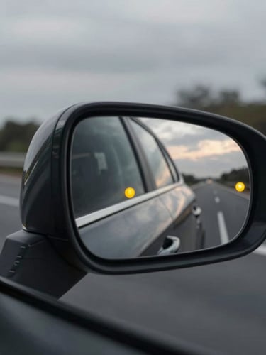 Cinematic shot of a modern car side mirror reflecting a blurred highway at dusk, desaturated metallic tones with sharp yellow hazard lights, 35mm lens.
