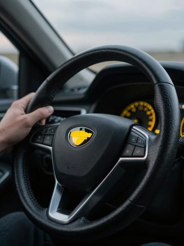 Cinematic close-up of a driver's hand resting firmly on a leather steering wheel, soft twilight reflecting on the dashboard, desaturated tones with sharp yellow dashboard light accents, 35mm lens.