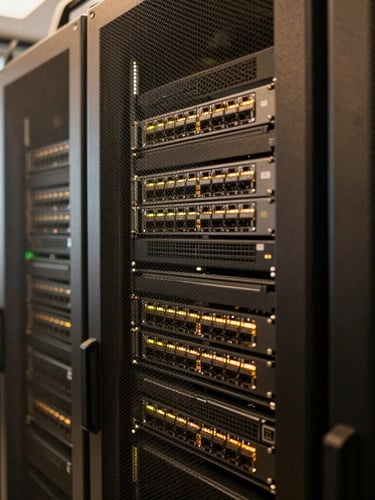 Medium close-up of high-end server racks and glowing network interfaces in a clean, Tongan corporate server room, warm lighting, shallow depth of field, 35mm.