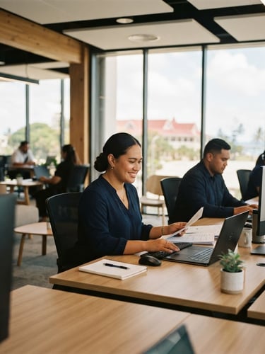 A bright, modern architectural workspace in Nuku'alofa with warm natural light filtering through large windows, professional agents working diligently at clean desks, 35mm photography with shallow depth of field