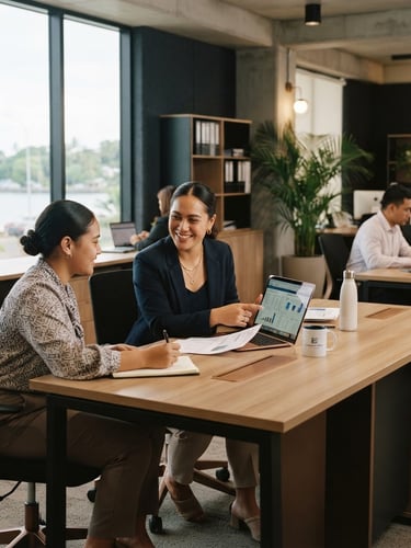 Warm corporate workspace in Nuku'alofa, professional agents collaborating at modern wood desks, soft natural window light, deep charcoal accents, 35mm photography