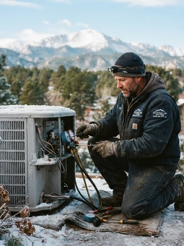 Rugged Woodland Park HVAC technician in branded gear, actively working on an outdoor unit dusted with snow, Pikes Peak visible in the background under crisp mountain daylight, 35mm