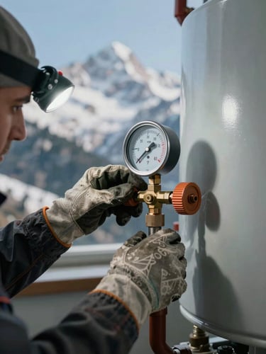 Close-up of a technician's hands adjusting a pressure gauge on a furnace in a utility room, wearing work gloves, with a headlamp illuminating the area, rugged editorial photography, 35mm