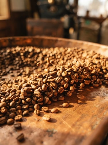 Close-up macro shot of golden coffee beans tumbling in a warm copper cooling tray, soft low-angle morning sun, shallow depth of field.