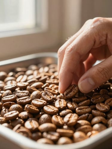 Hands cooling freshly roasted golden-brown coffee beans in a small-batch cooling tray, warm low-angle morning sun, tactile textures.