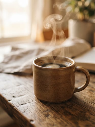 Close-up of steam rising from a warm ceramic mug on a sun-drenched wooden table, soft morning window light, rich earthy tones, shallow depth of field.