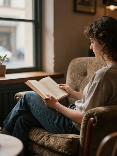 A guest reading an open book in a cozy mismatched armchair, warm side-lighting from a window, rustic cafe interior, shallow depth of field.