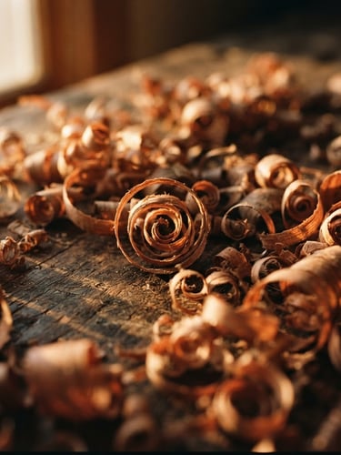 Macro close-up of wood shavings on a dark oak workbench, low-angled warm golden-hour window light casting deep shadows, warm tactile photography, earthy terracotta tones, 35mm film.