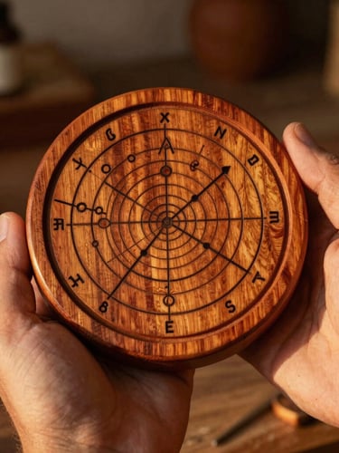 A close-up portrait of hands holding a finished hand-carved wooden birth chart, showing the intricate celestial lines and rich cherry wood texture, warm golden-hour light, rustic studio background.