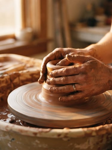 Hands throwing raw brown clay on a potter's wheel, low-angled warm golden-hour window light, terracotta tones, macro depth of field, 35mm film