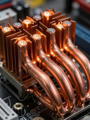 Extreme macro shot of high-performance copper heat pipes on a modern motherboard, glowing with warm orange ambient light from nearby LEDs, shallow depth of field, industrial workshop vibe.